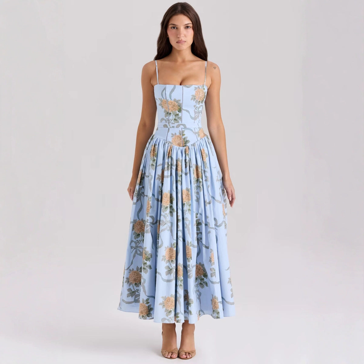 Women's Sky Blue Vintage Rose Print Mid-length Sundress Dresses