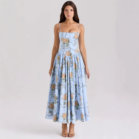Women's Sky Blue Vintage Rose Print Mid-length Sundress Dresses