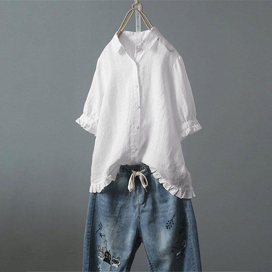 Women's Cotton Linen Casual Single-breasted Ruffled Sleeves Blouses