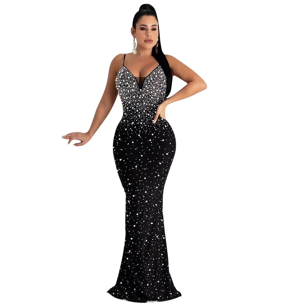 Women's Fashion Sexy Nightclub Rhinestone Beaded Strap Dresses