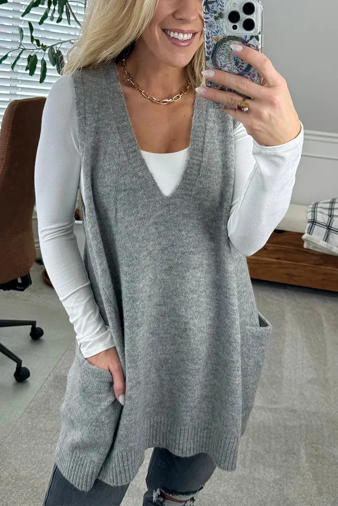 Trendy Classy Color Pocket Knitted Sleeveless Sweater