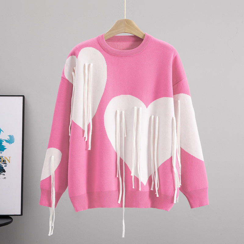 Women's Soft Round Neck Tassel Love Loose Lazy Sweater