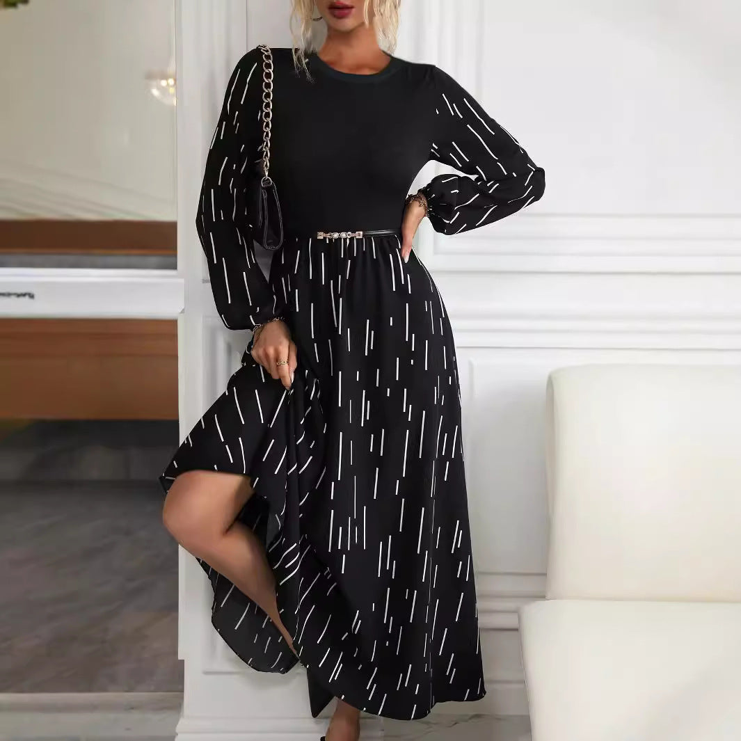 Women's French Fashionable Elegant Printed Round Neck Temperament Dress