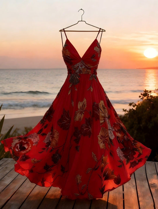 Durable Vacation Style Strap Printed Long Dress