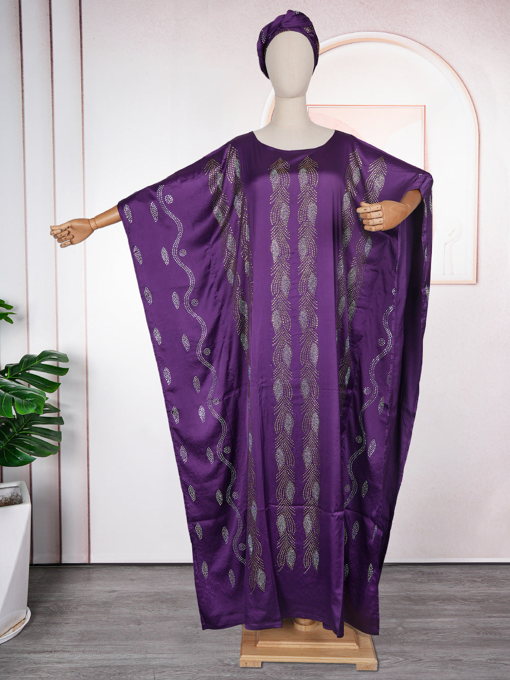 Women's African Wear Dress Rhinestone Silk Satin Batwing Sleeve Long Dresses
