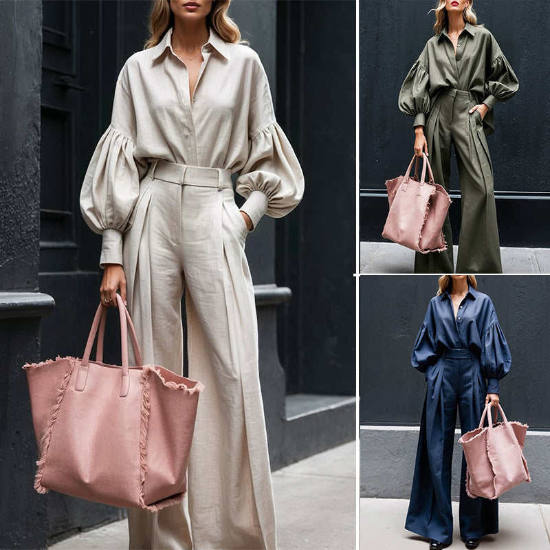 Solid Color Long Sleeve Shirt Wide Leg Cotton Fashion Casual Suit