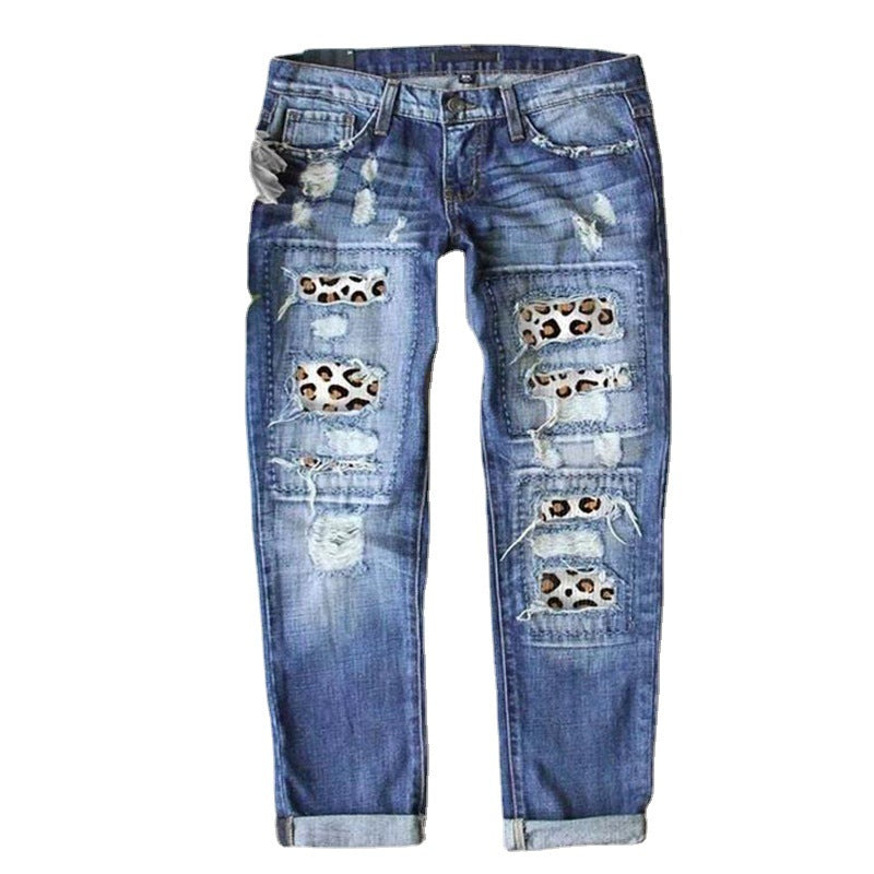 Women's Street Hipster Denim Leopard Print Jeans