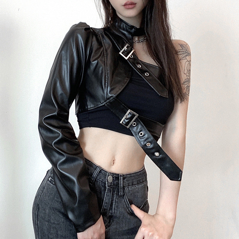 Women's Handsome Irregular Metal Buckle Halter Leather Clothing