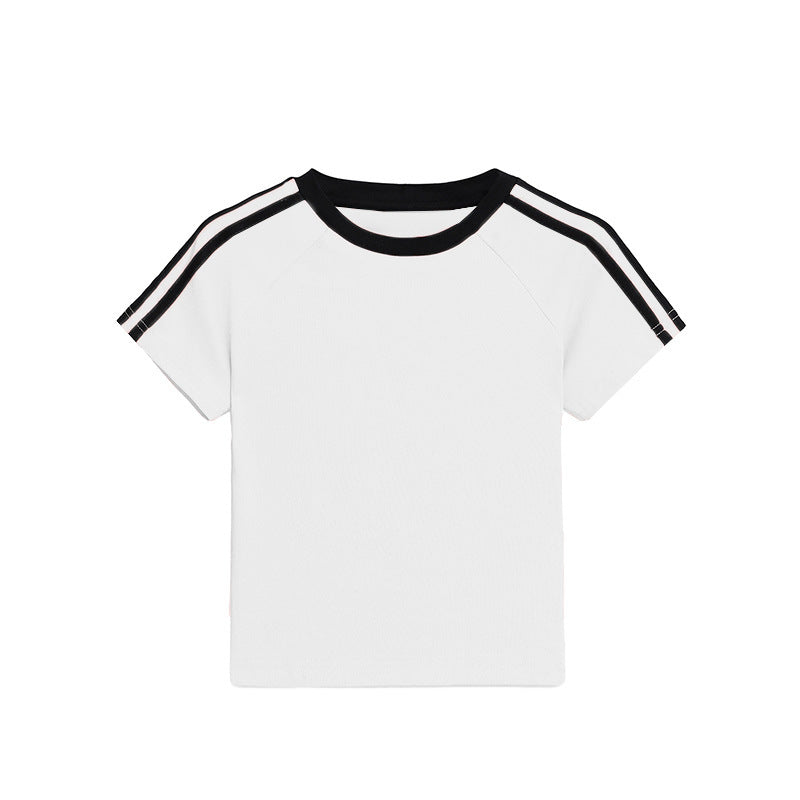 Women's Style Trendy Three Bars Contrast Color Short-sleeved Blouses