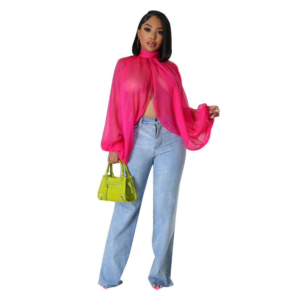 Women's Lace Printing Chiffon Shirt Batwing Sleeve Blouses
