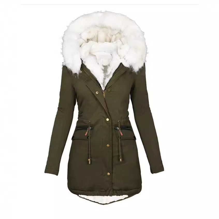 Women's Veet Cinched White Fur Collar Hooded Coats