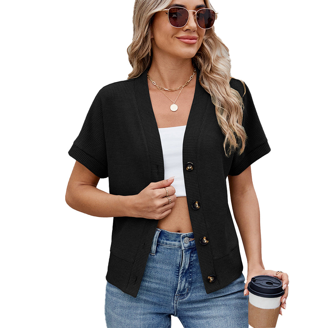 New Waffle Casual Knitted Button Sleeve Women's Sweater