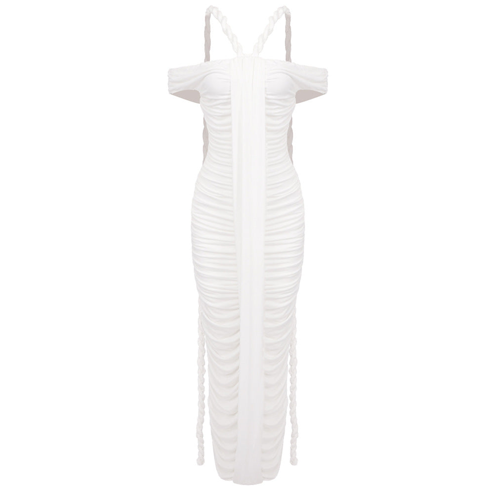 Women's Graceful Long Black Braid Pleated Slim Dresses