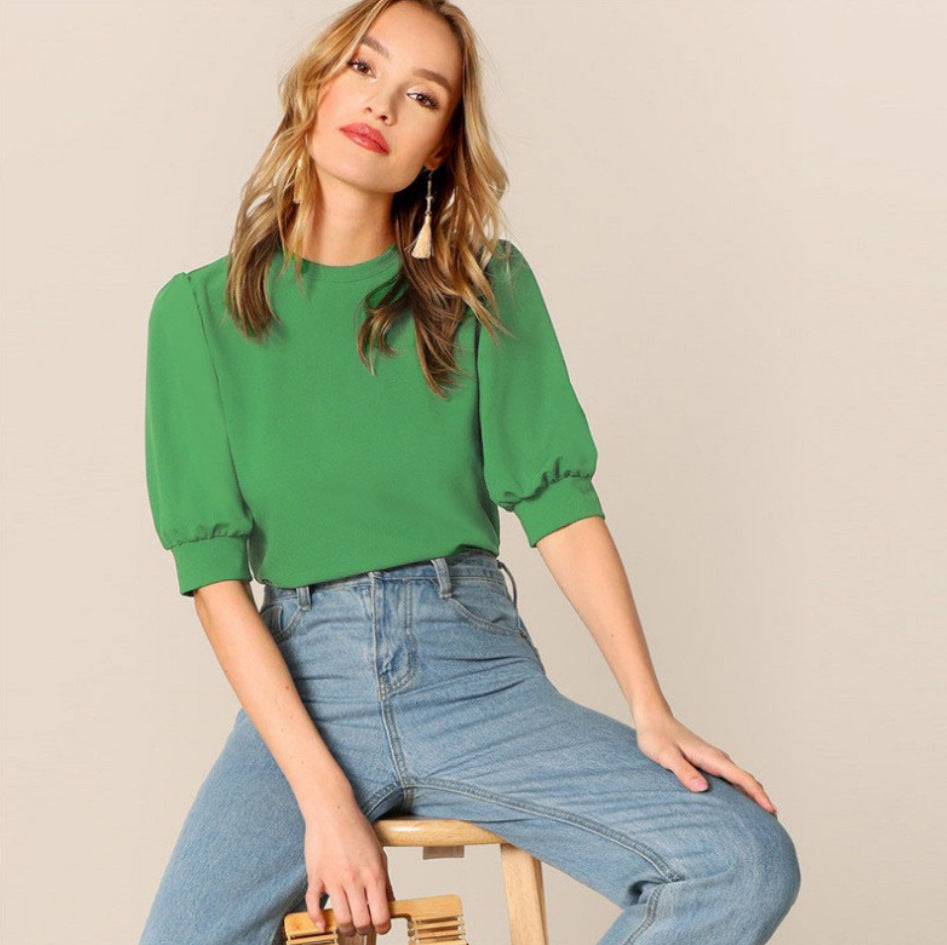 Color Buttons Round Neck Lantern Sleeve Blouses