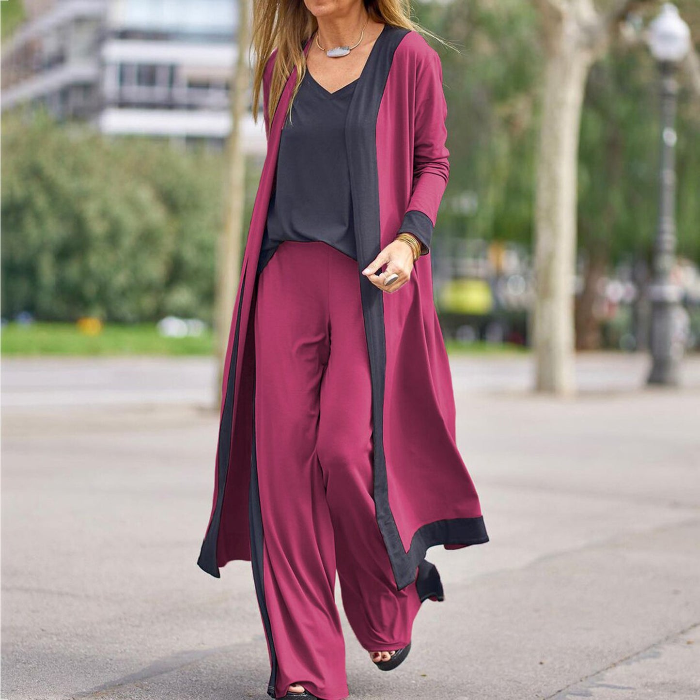 Contrast Sleeveless Long Sleeve Trousers Three-piece Cardigans