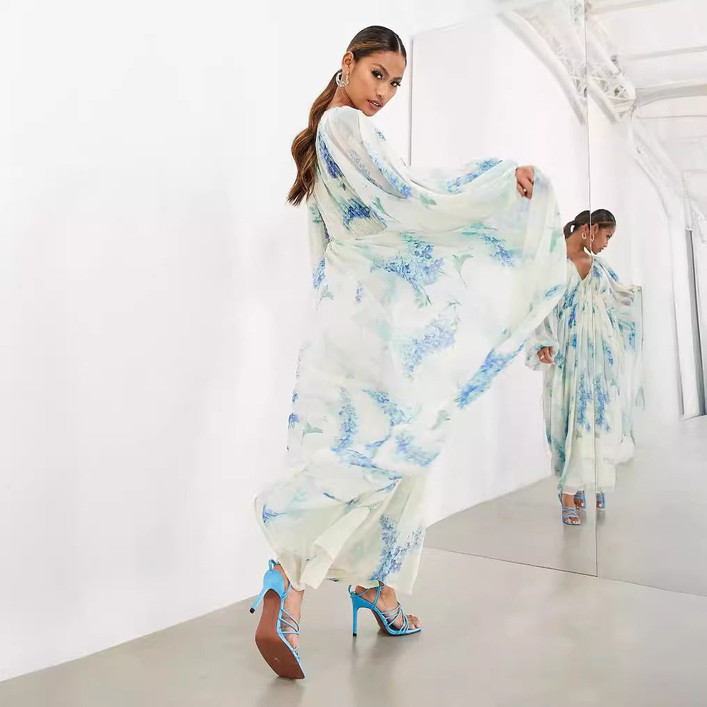 Women's Printed Chiffon Dress Collar Pleated Waist Dresses