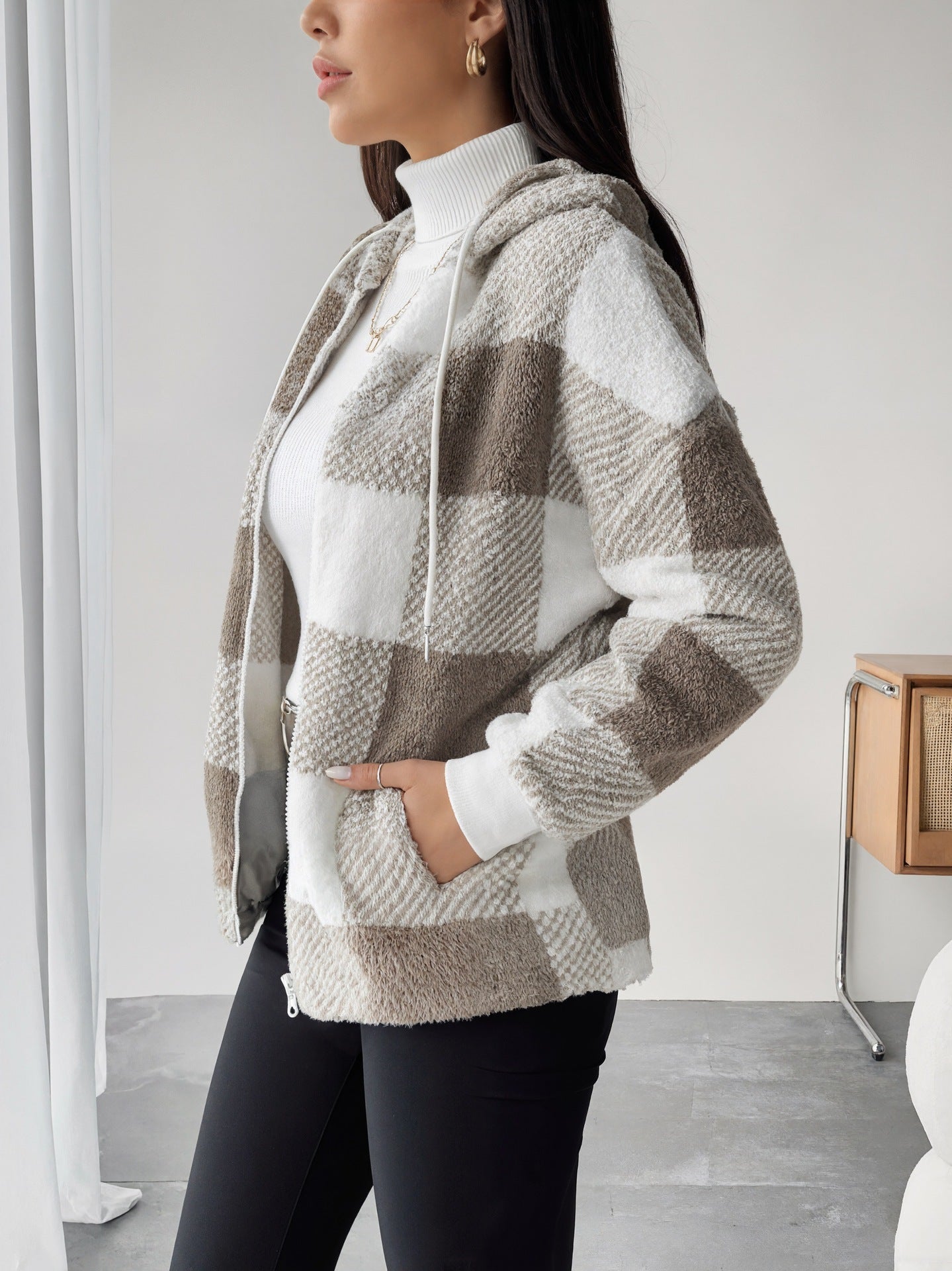 Women's Fleece Sweatshirt Loose Casual Hooded Plaid Women's Sweater, Sweater