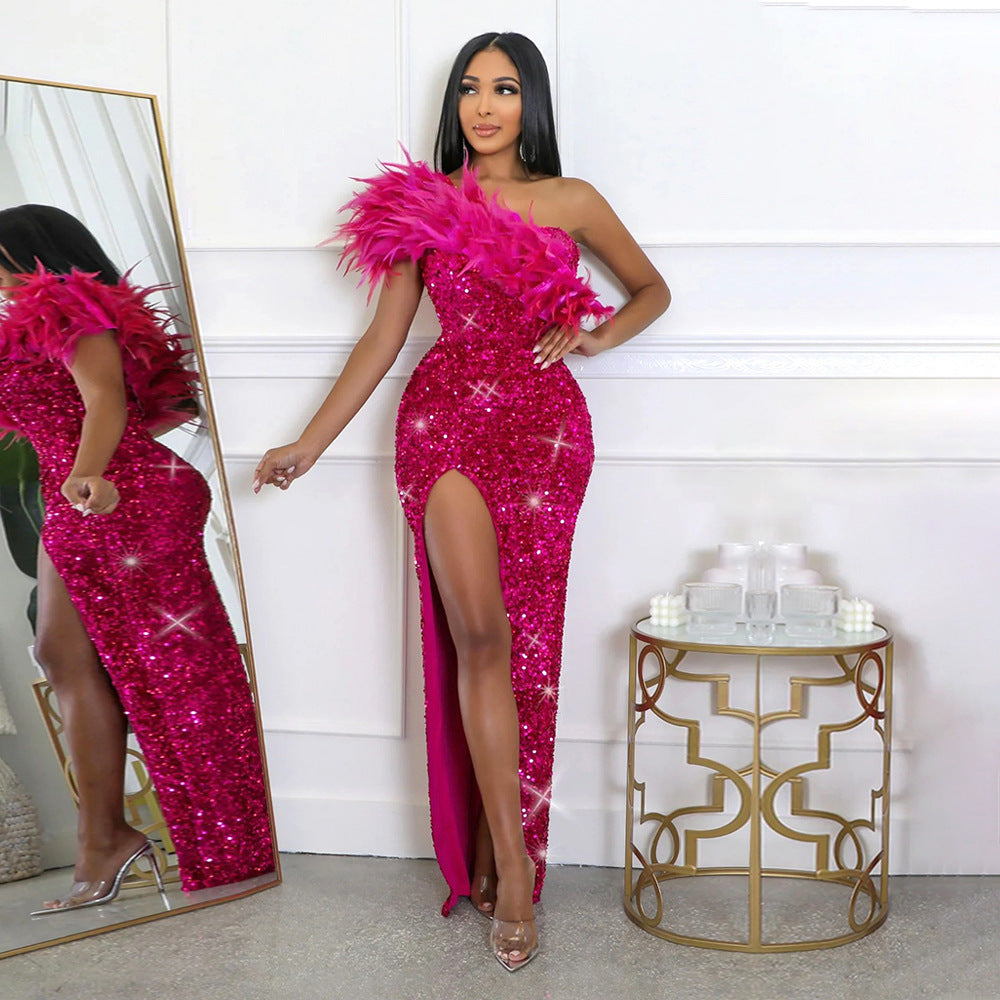 Women's Summer Sexy Fashion Feather Diagonal Collar Banquet Sequined Dress