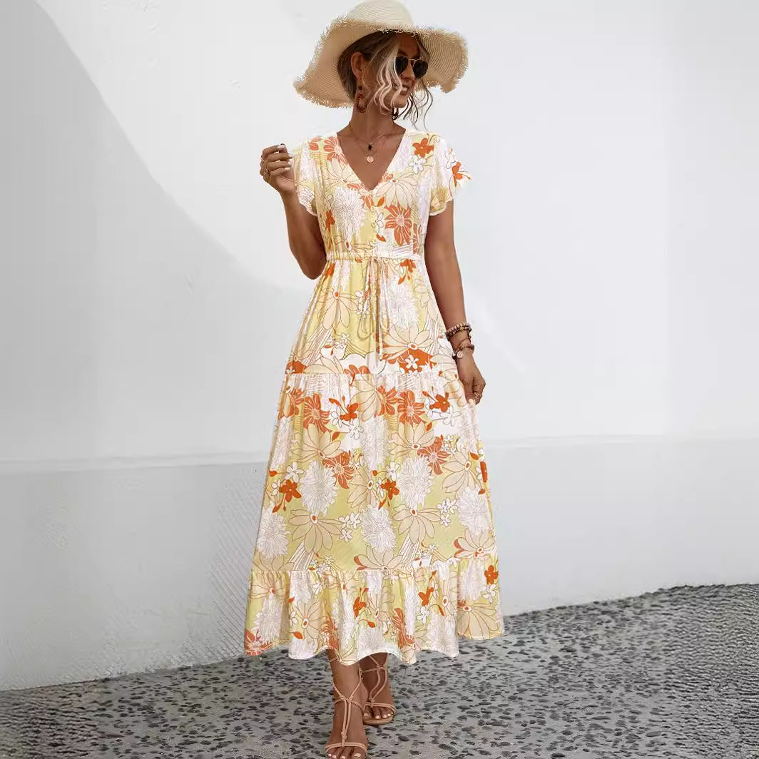 Casual Sleeve Flower Print Button Long Dress