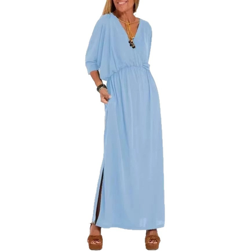 Women's Fashion Solid Color High Waist Slit Dress