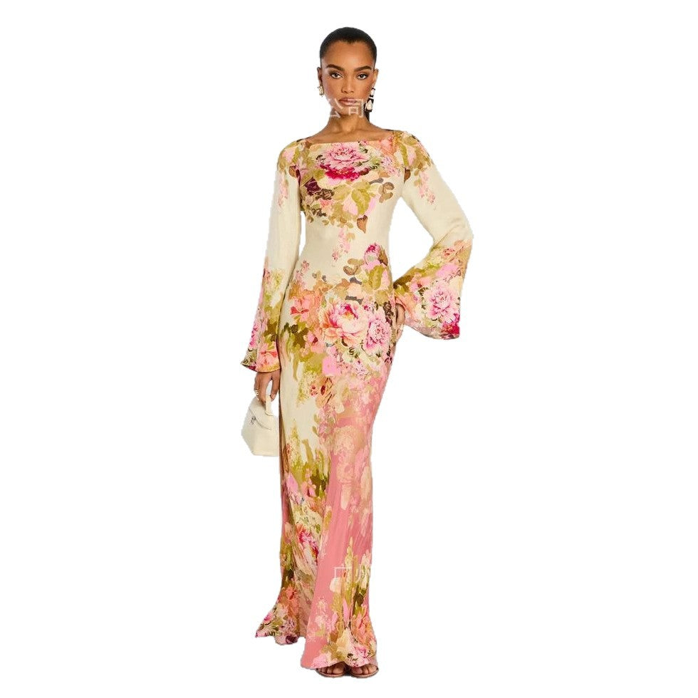 Women's Printed Flowers Long Sleeve Flared Sleeves Dresses