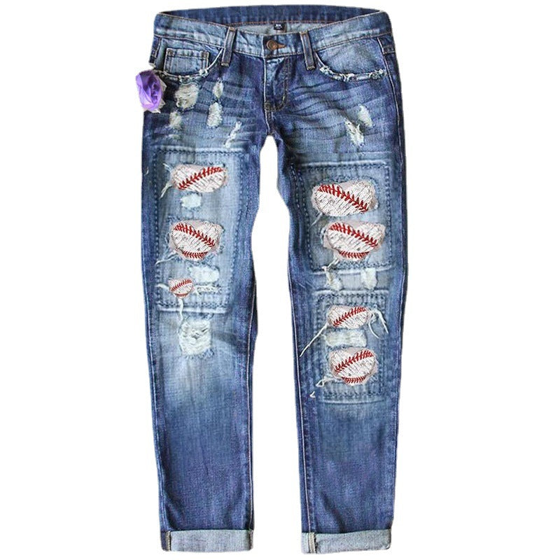 Women's Baseball Fashion Holes Printed Straight Casual Jeans