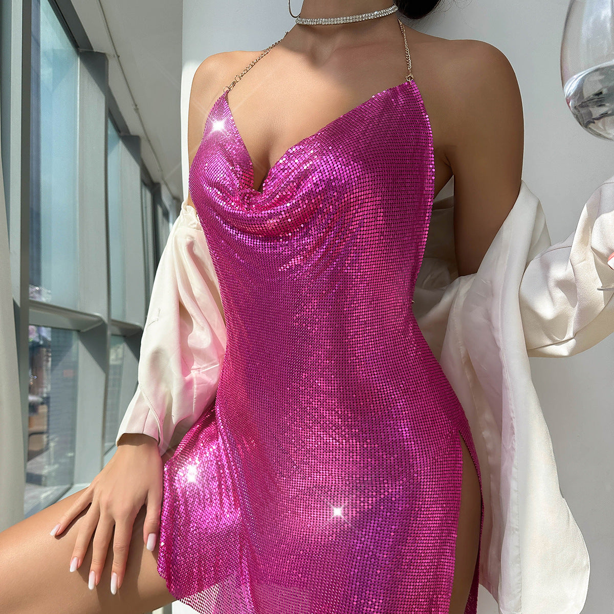 Women's Nightclub Backless Metal Sequins Brace Halter Dresses