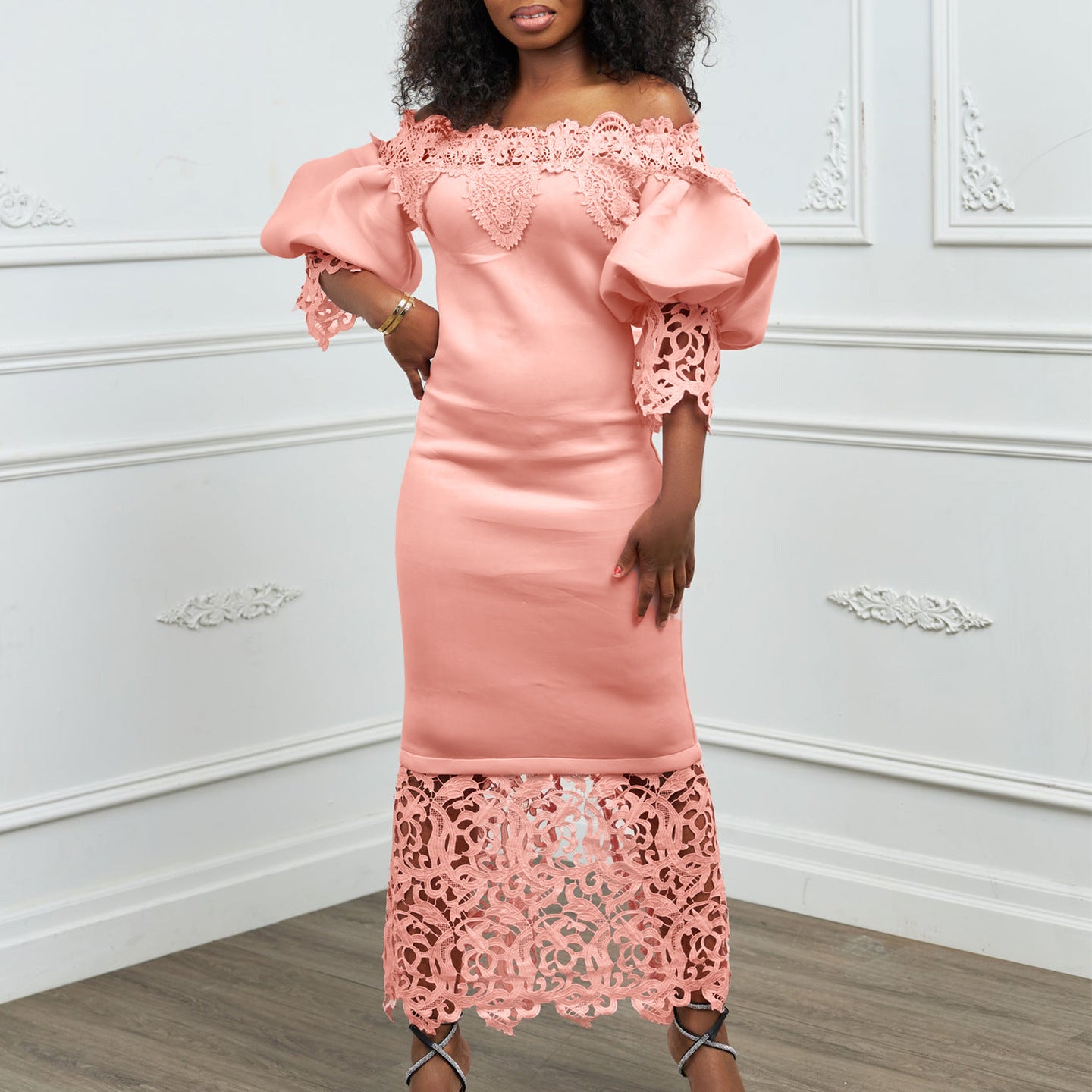 Women's Lace Stitching Banquet Lantern Sleeve Bridesmaid Dress