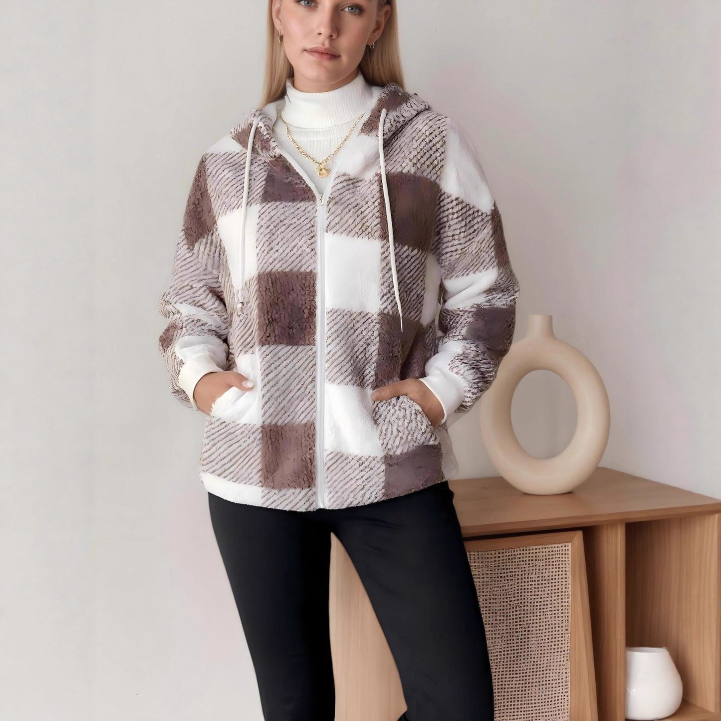 Women's Fleece Sweatshirt Loose Casual Hooded Plaid Women's Sweater, Sweater
