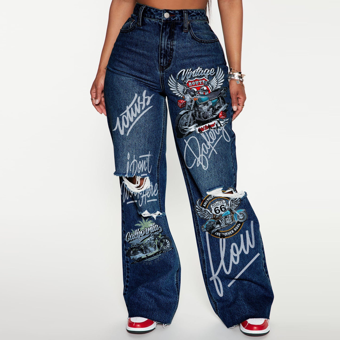 Women's Worn-out Design High Waist Fashion Trousers Jeans