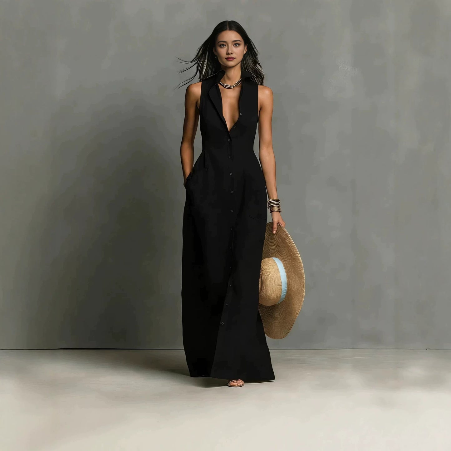 Classic Casual Summer Breasted Sleeveless Collar Dress