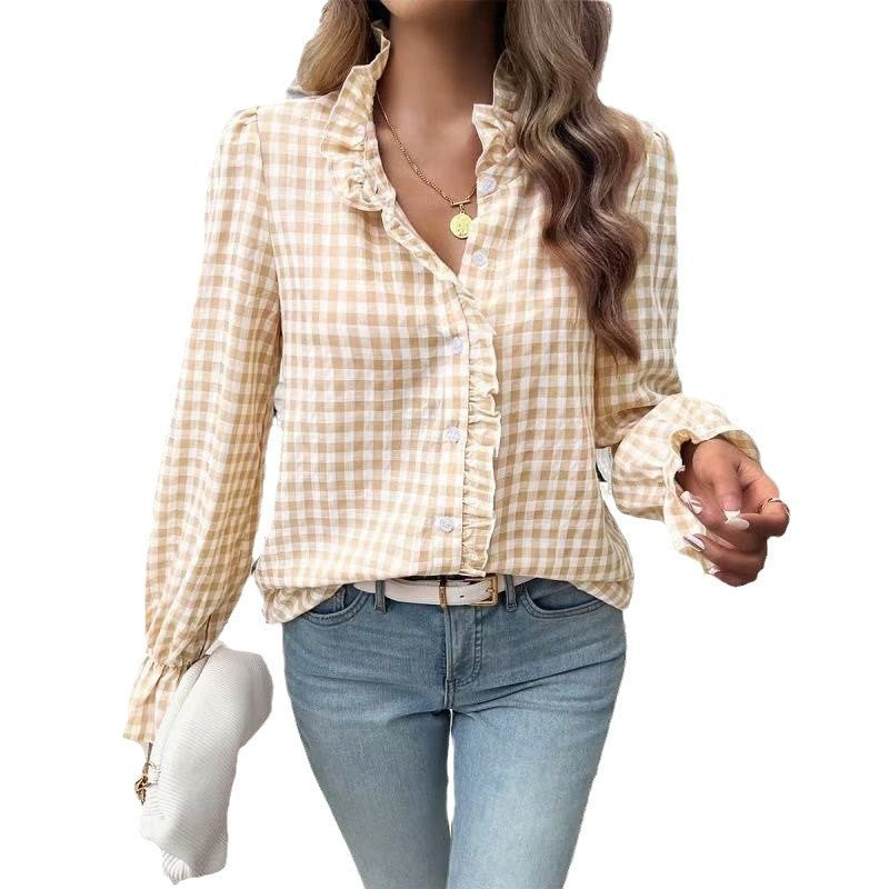 Women's Style Plaid Shirt With Wooden Ears Blouses