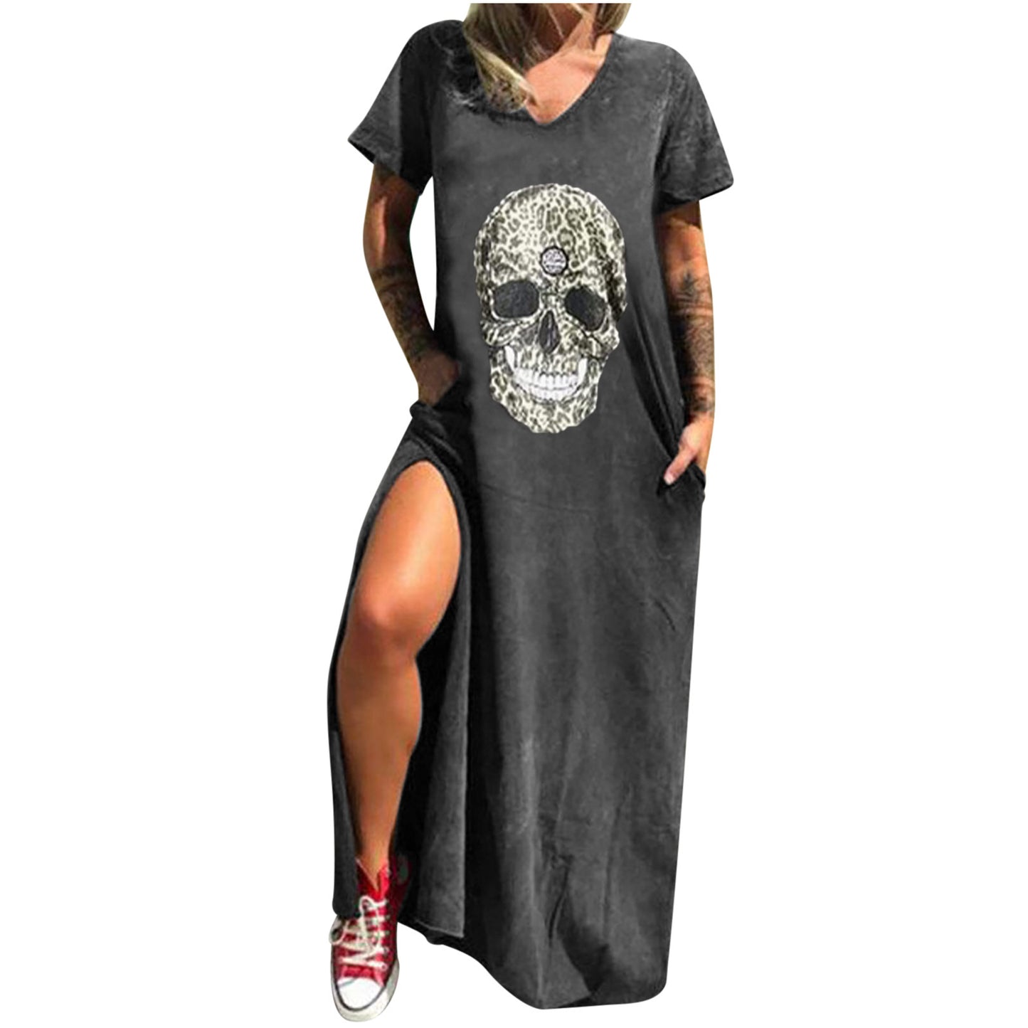 Skull Print Street Fashion Sleeve Slit Shorts