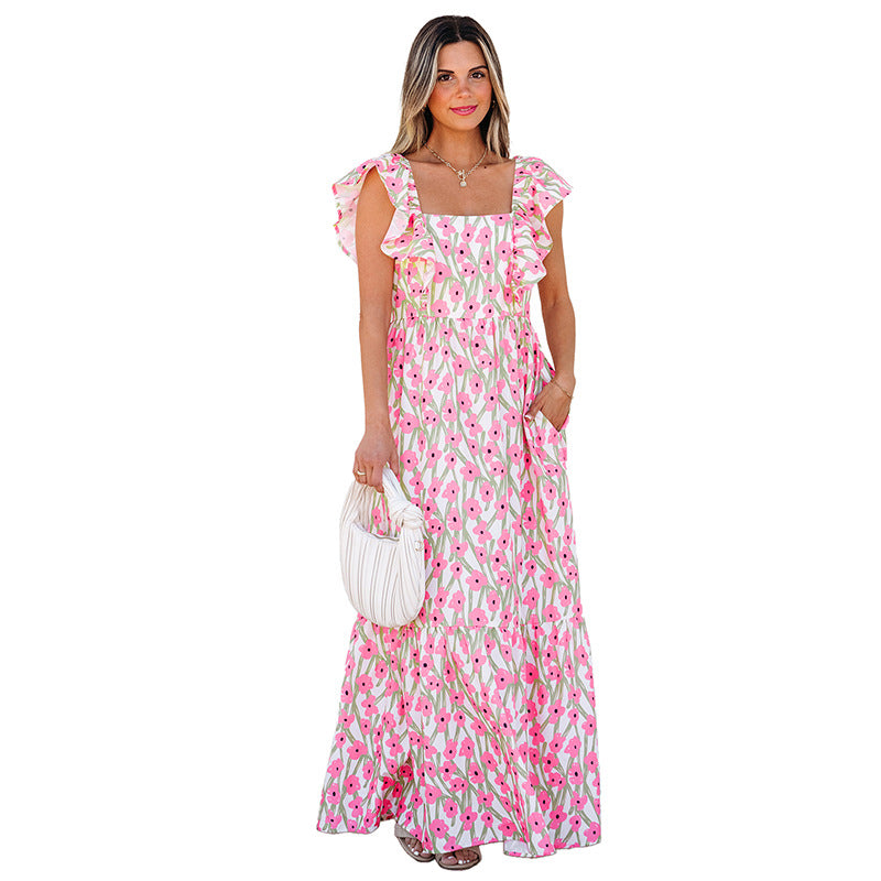 Women's Pullover Square Collar Long Casual Floral Print Dresses