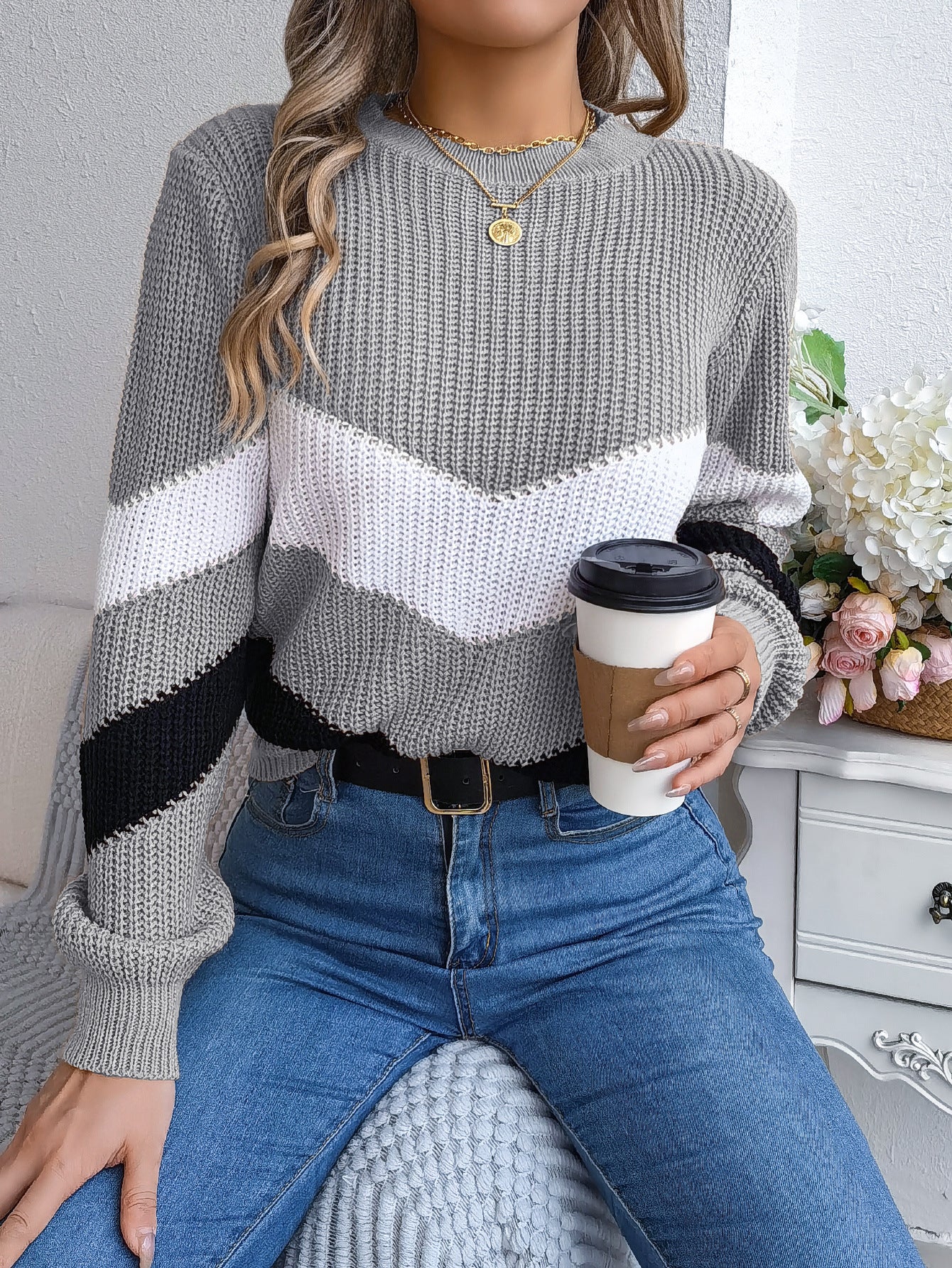 Women's Wind Casual Multicolor Lantern Long Sleeve Sweater