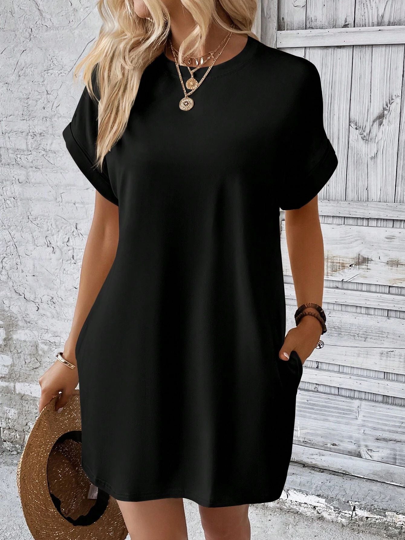 Women's Short-sleeved Solid Color Round Neck With Pockets Dress