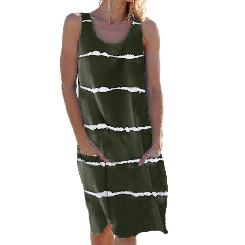 Women's Summer Round Neck Printed Striped Pocket Dress