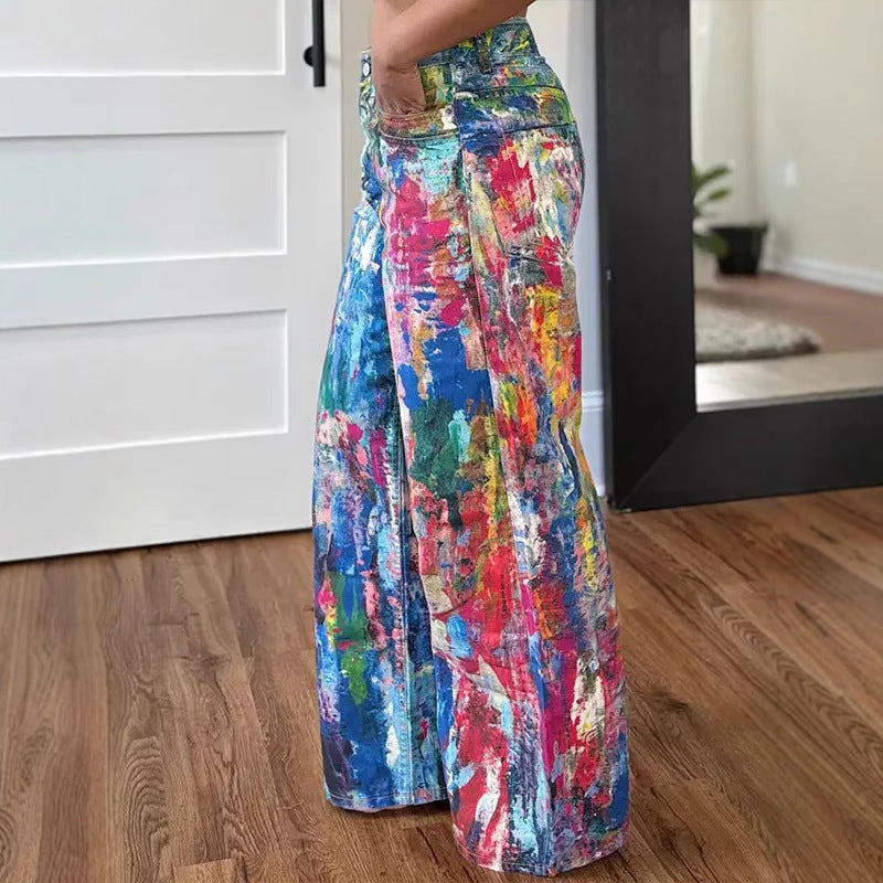 Women's Fashion Casual Straight Painted Trousers Pants