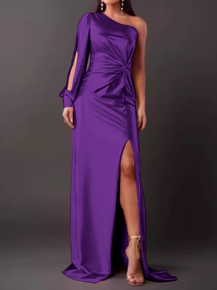 Women's Summer Diagonal Collar Raglan Sleeve Pleated Waist Tight Dresses