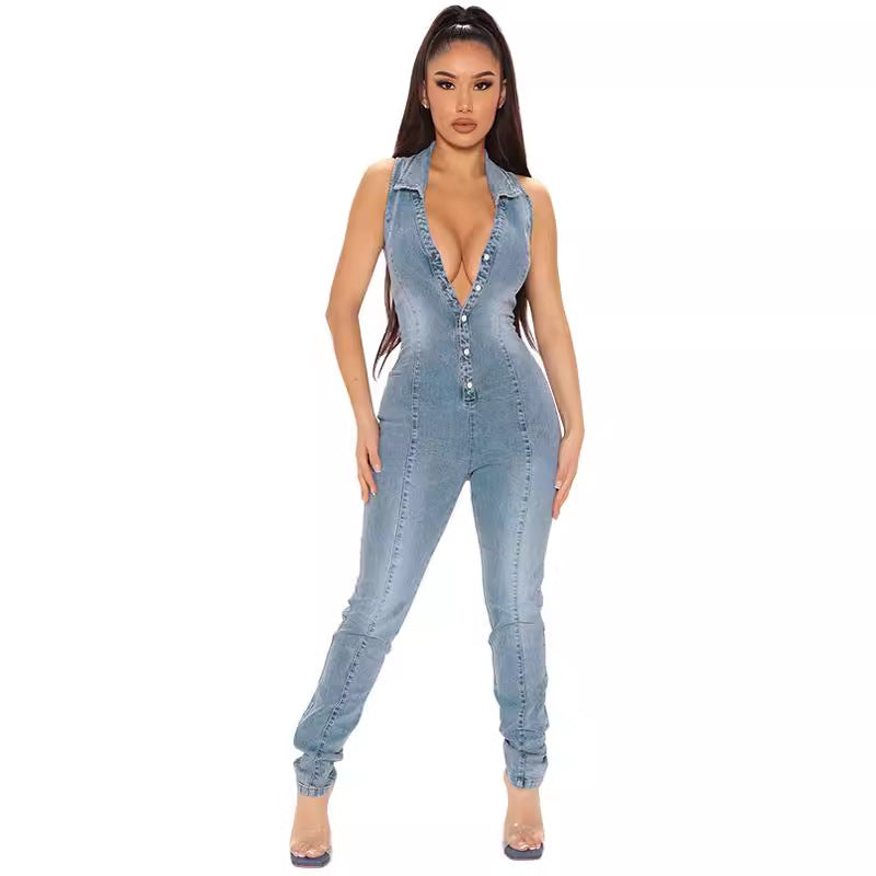 Summer Sleeveless Open Chest Wash Denim Jumpsuits