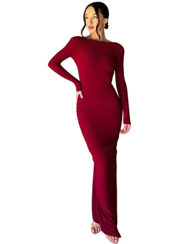 Women's Summer Fashion Sexy Slim Fit Pleated Solid Color Long Dress