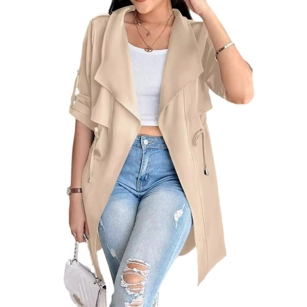 Women's Loose Solid Color Rolled Sleeves Mid-length Coats