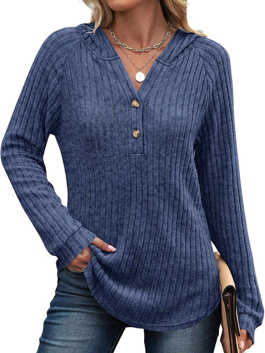 Solid Color Button Loose Hooded Fleece Women's Sweater