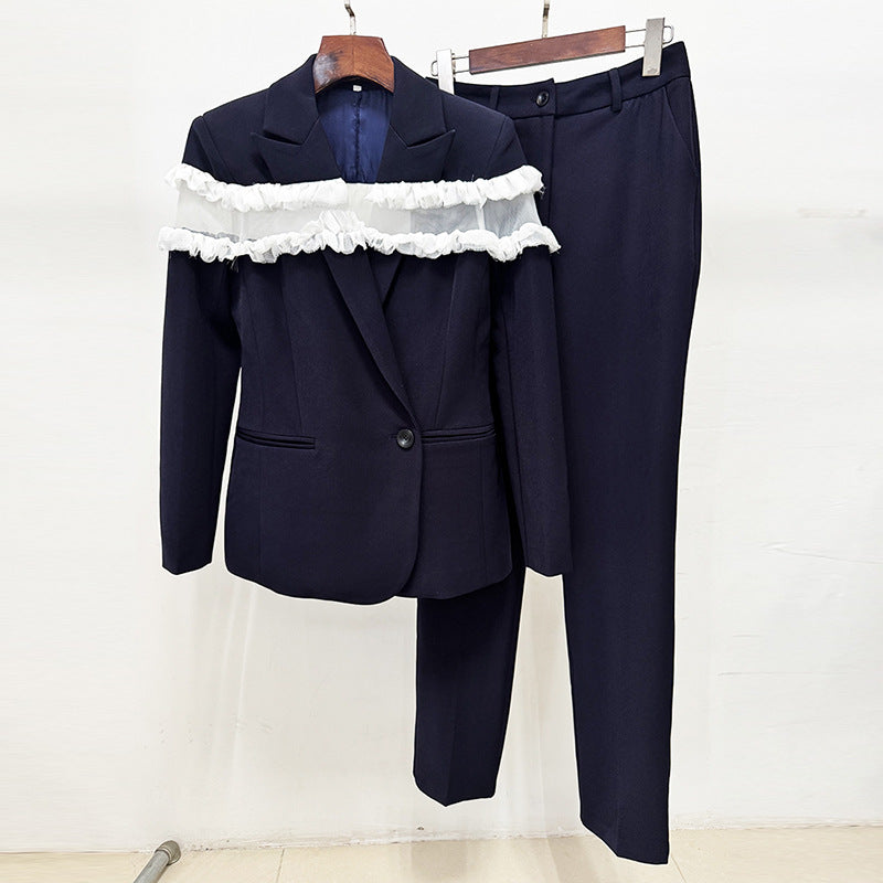Temperament Mesh Stitching Trousers Two-piece Set Fashion Casual Suit