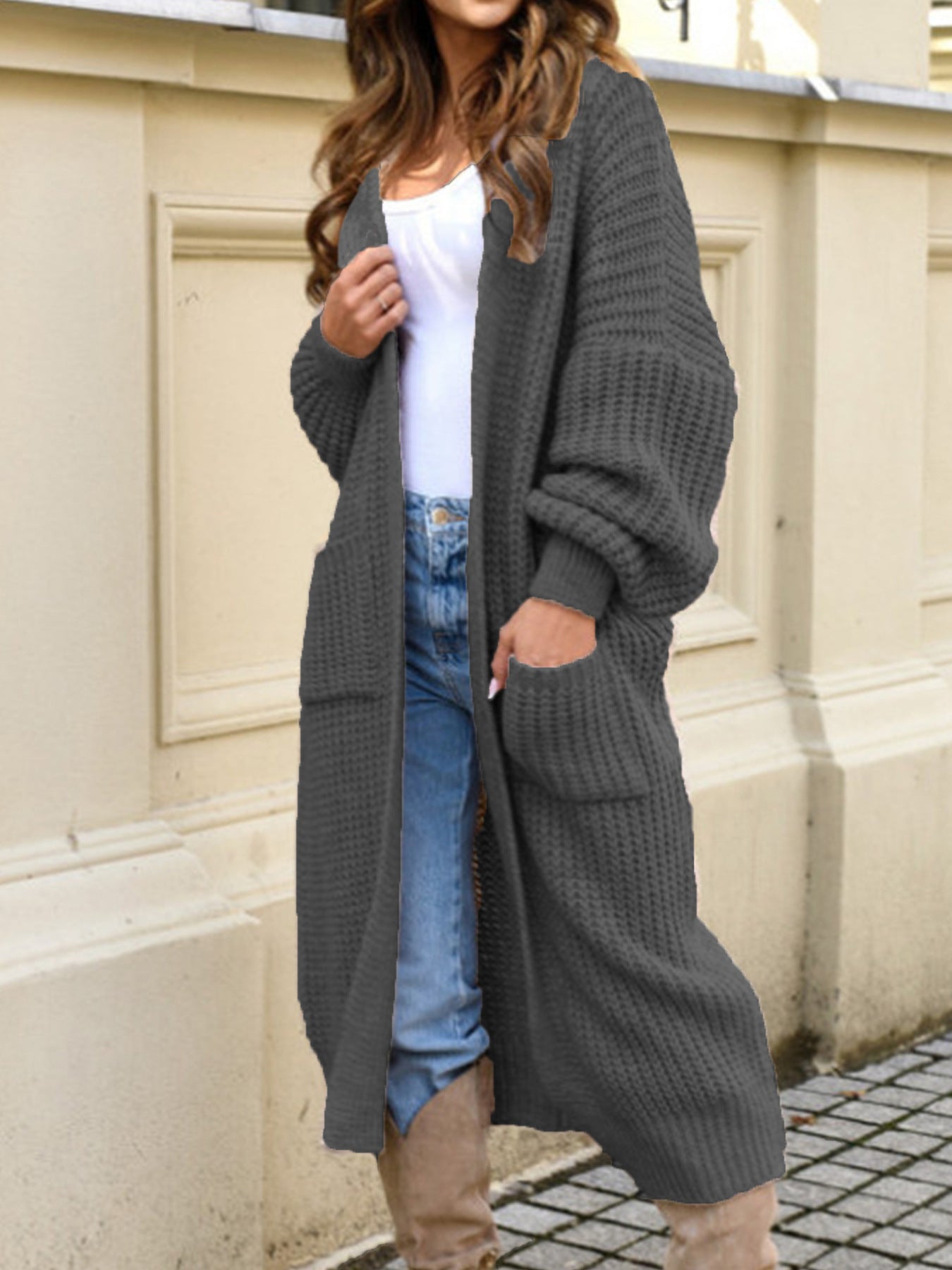 Large Long Style Pocket Loose Solid Women's Sweater