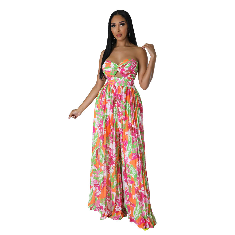 Women's Fashion Summer Sexy Backless Print Wide Jumpsuits