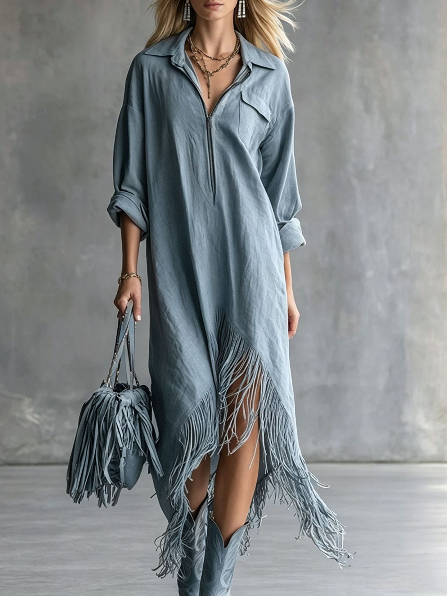 Autumn Elegance Retro Loose Irregular Fringed Dress