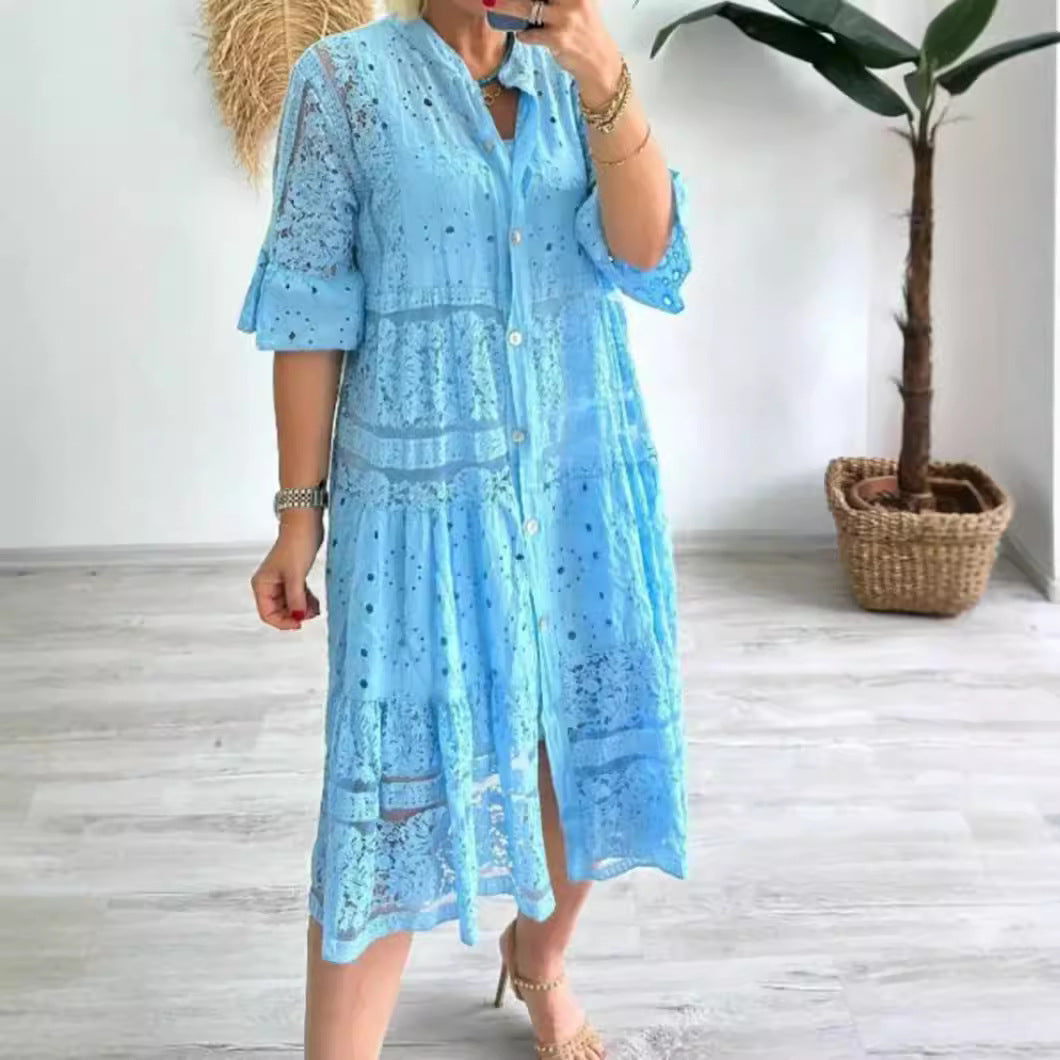Women's Summer Solid Color Lace Button Stitching Dress