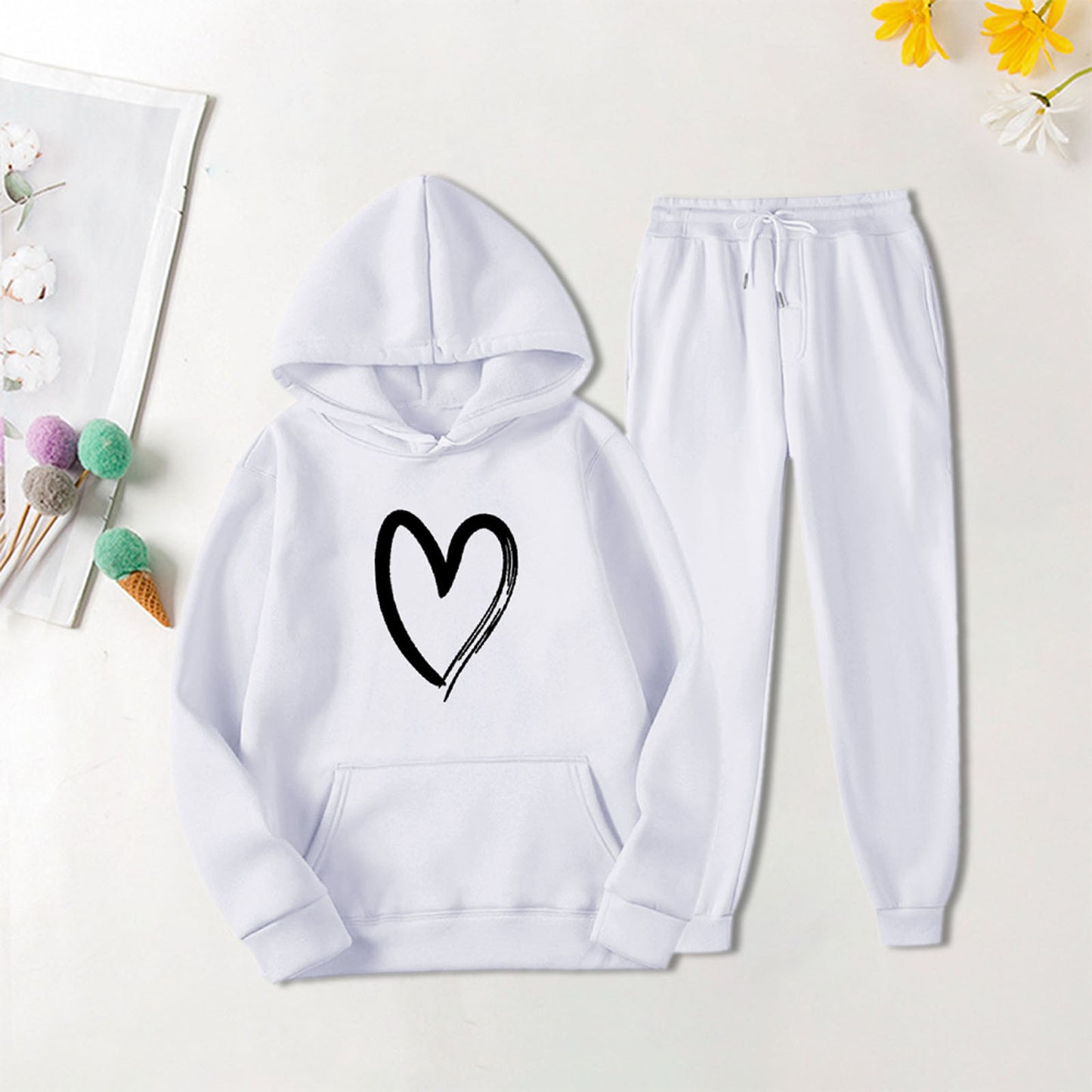 Women's Sports Printed Heart-shaped Solid Color Set Fashion Casual Suit