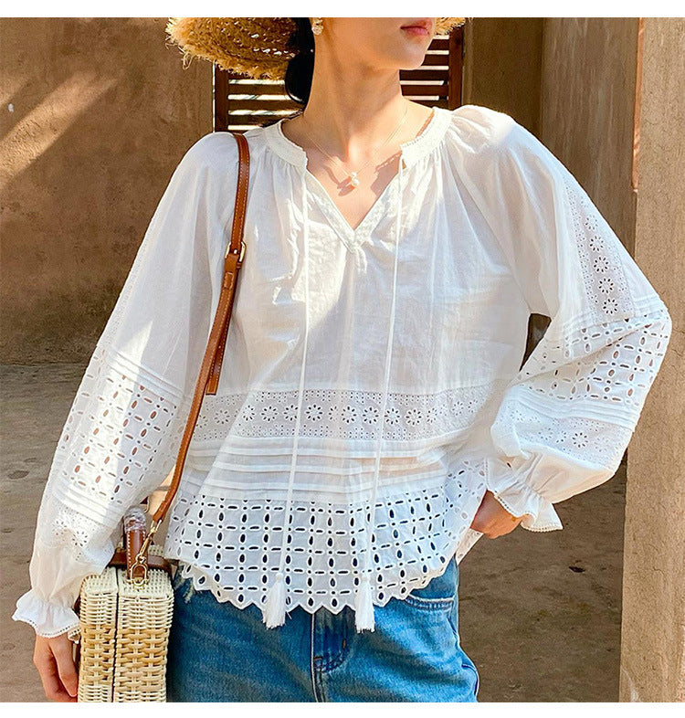 Women's Holiday French Style Shirt Design Long Sleeve White Blouses